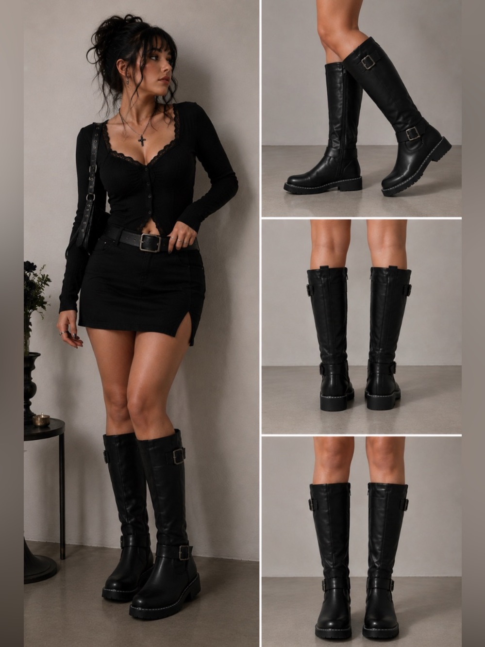 Hawkwell Tall Black Buckle Riding Boots Women 7 Faux Leather